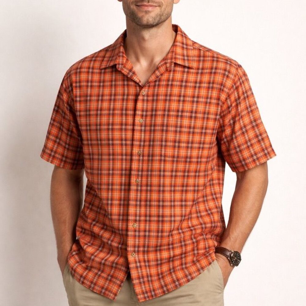 The North Face Shirt Mens M Orange Plaid Short Sleeve Button Front Camp Casual